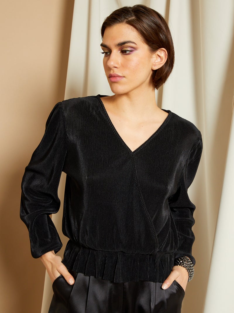 Blouse met plooien en overslag zwart - Kiabi