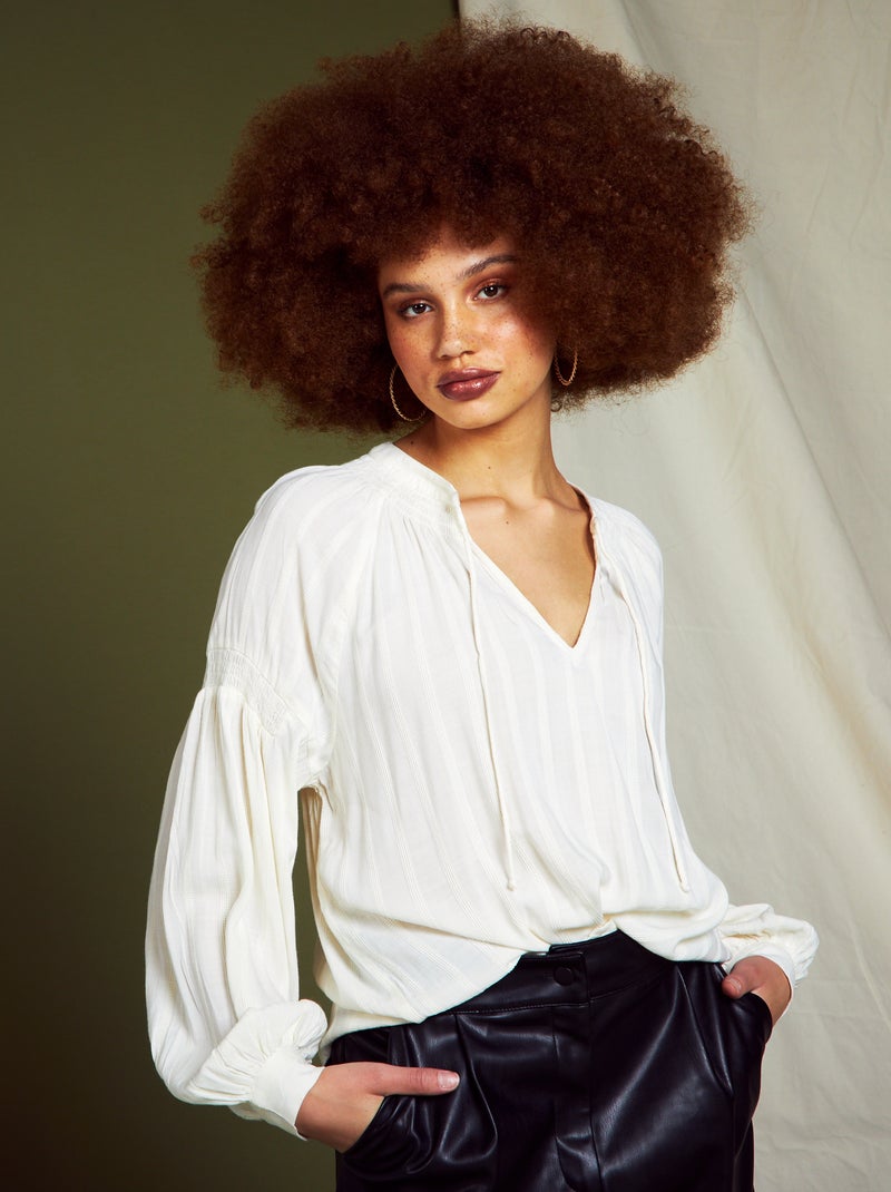 Blouse met pofmouwen en textuurstof BIEGE - Kiabi