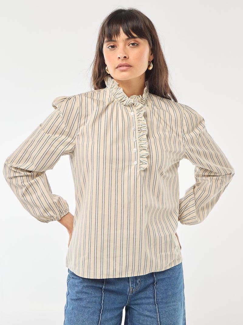 Blouse met ruches aan de kraag en de sluiting Wit - Kiabi