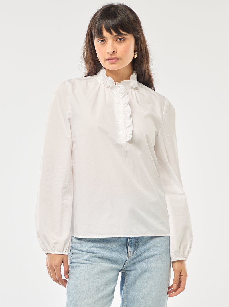 Blouse met ruches aan de kraag en de sluiting wit - Kiabi