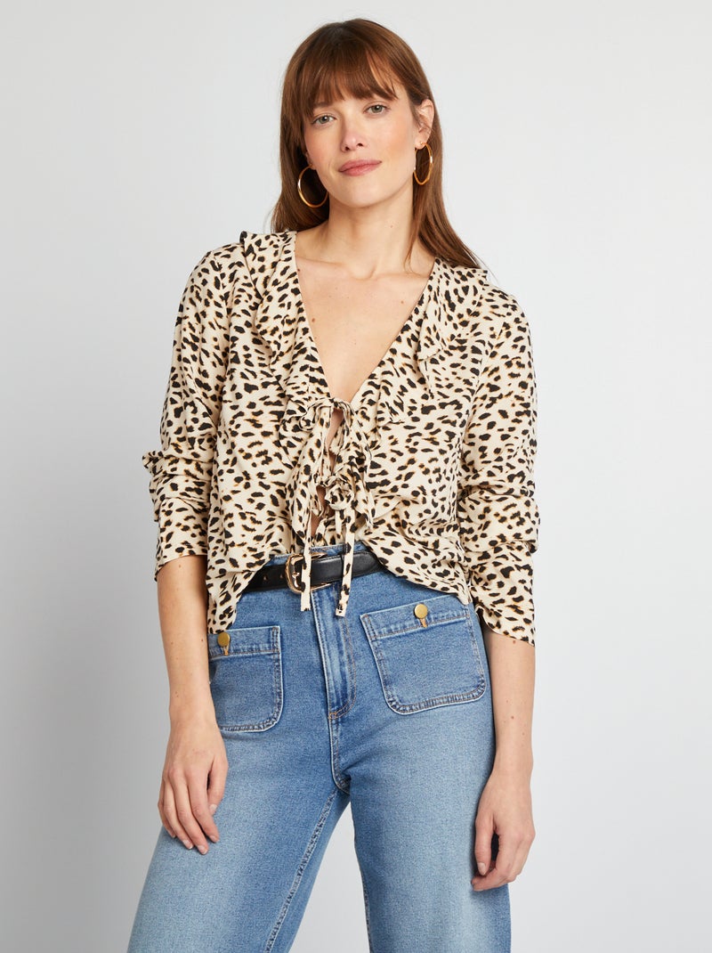 Blouse met ruches en knoopdetail BRUIN - Kiabi