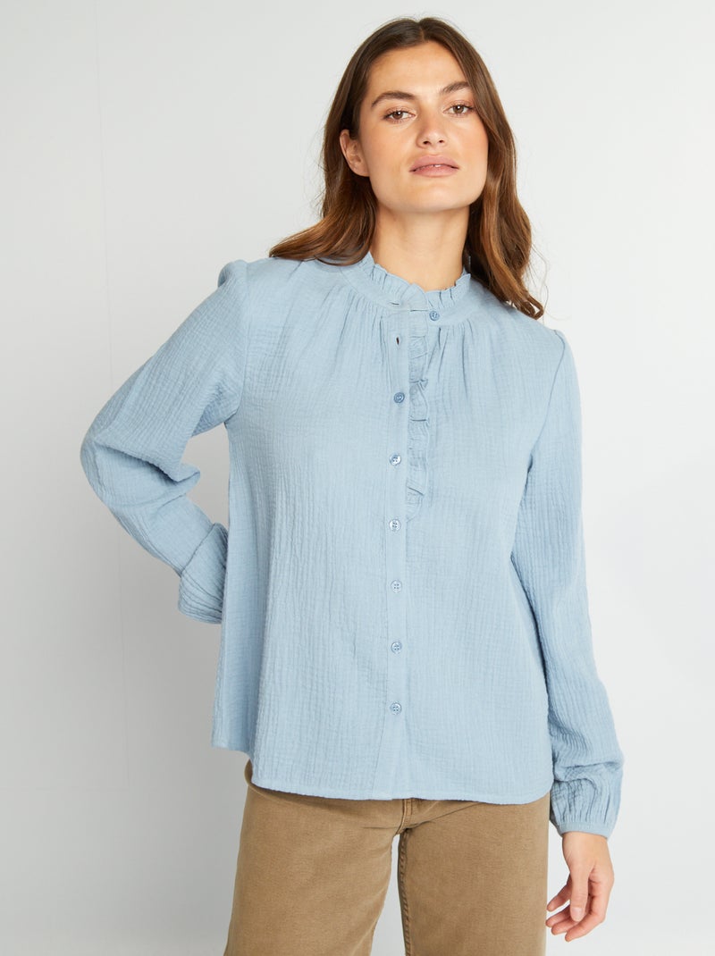 Blouse met ruches, van zachte, luchtige katoen BLAUW - Kiabi