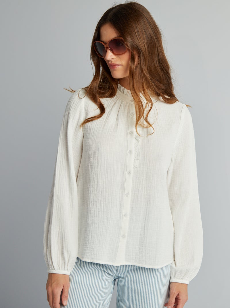 Blouse met ruches, van zachte, luchtige katoen WIT - Kiabi