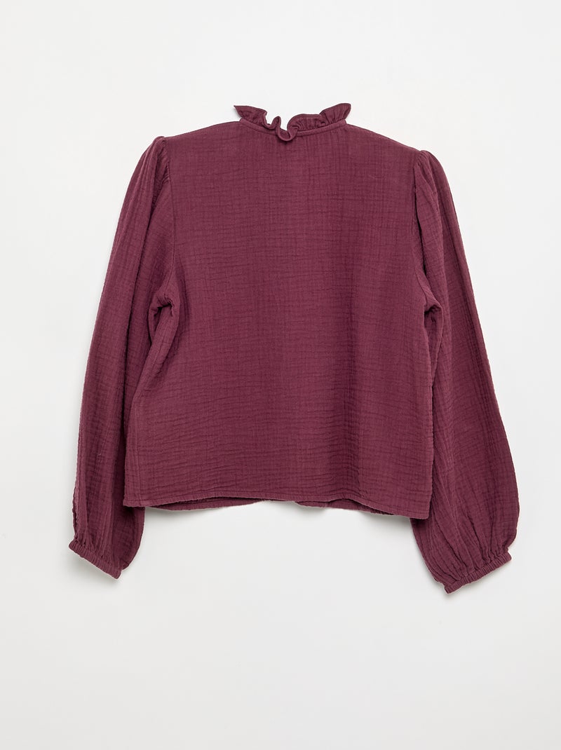 Blouse met rucheskraag en borduurwerk Paars - Kiabi