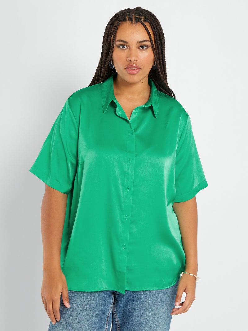 Blouse met satijnglans en Italiaanse kraag GROEN - Kiabi
