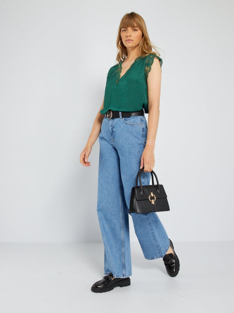 Blouse met satijnglans en kant GROEN - Kiabi