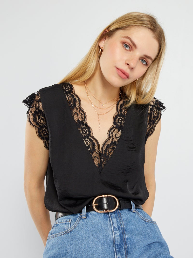 Blouse met satijnglans en kant ZWART - Kiabi