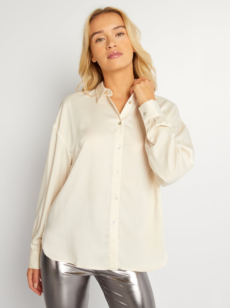Blouse met satijnglans en lange mouw BIEGE - Kiabi