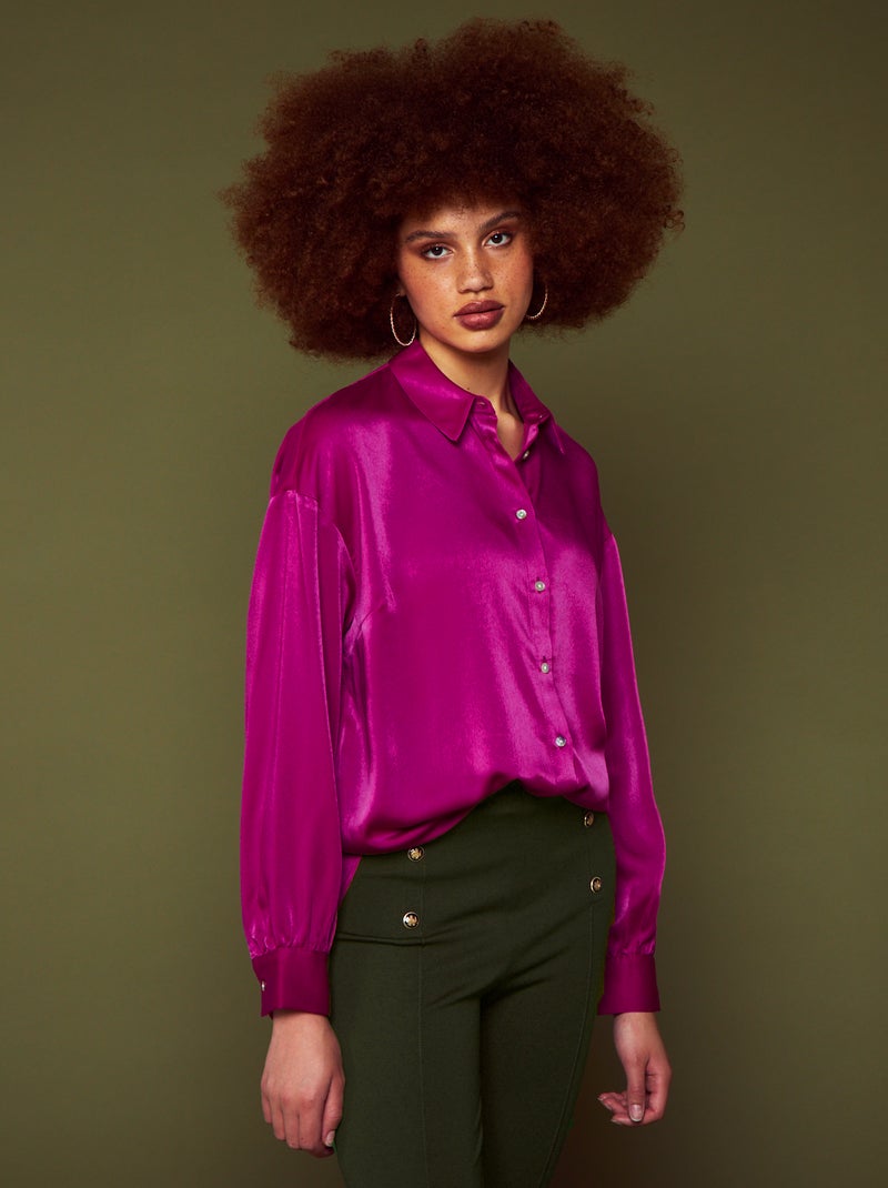 Blouse met satijnglans en lange mouw ROSE - Kiabi