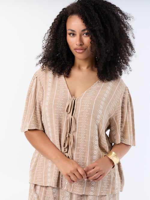 Blouse met strikjes en borduursels met korte mouwen - Kiabi