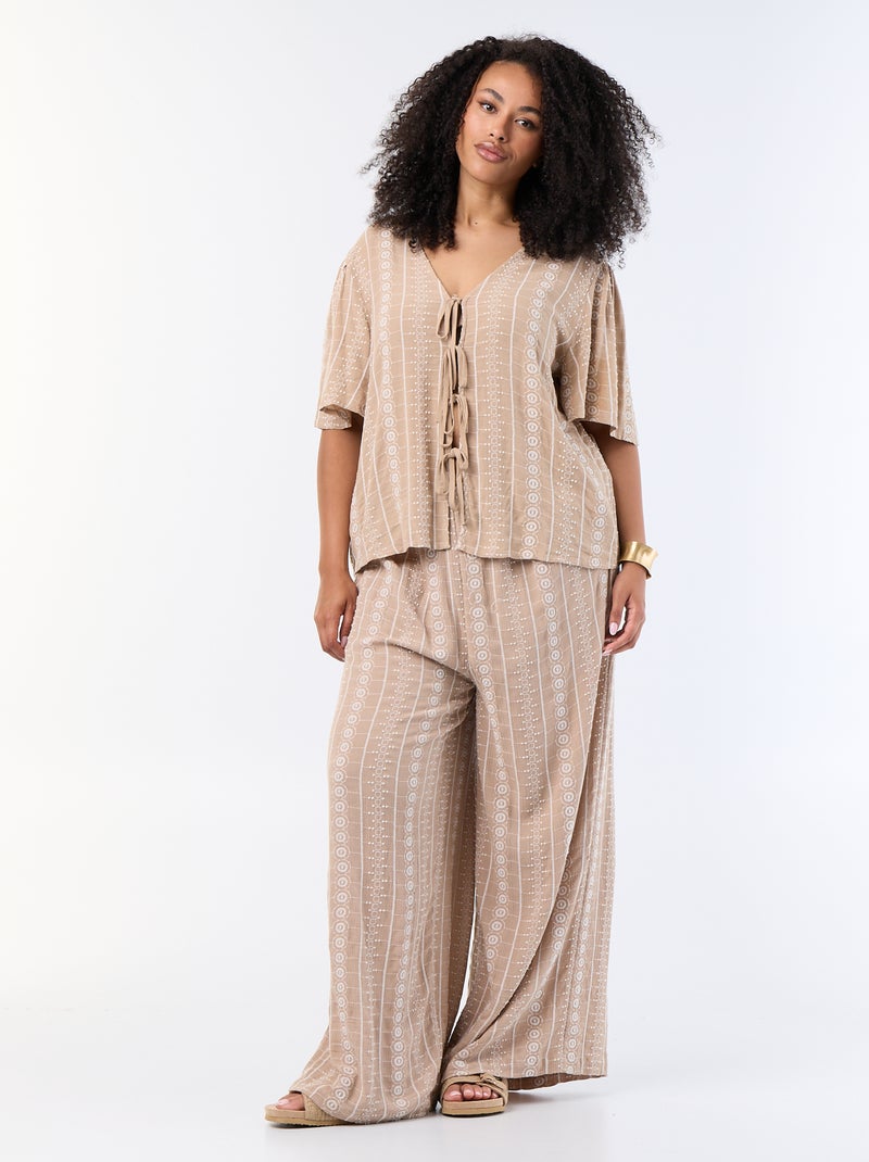 Blouse met strikjes en borduursels met korte mouwen Biege - Kiabi