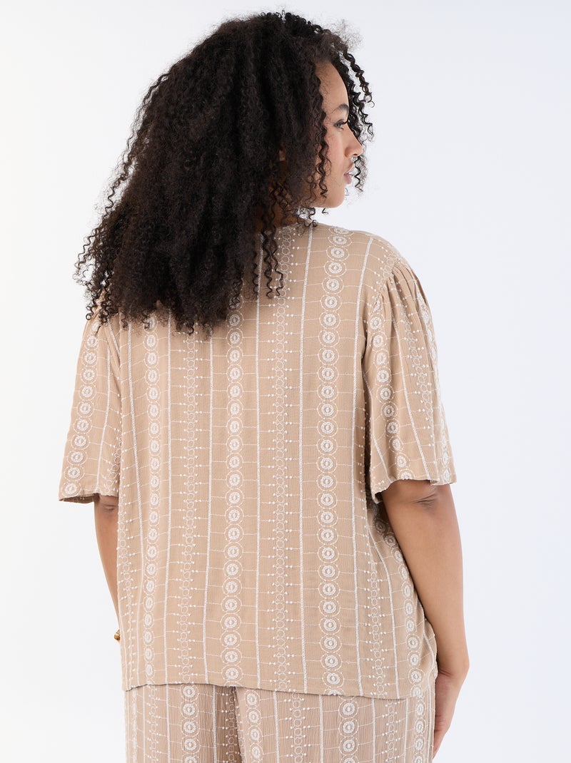 Blouse met strikjes en borduursels met korte mouwen Biege - Kiabi
