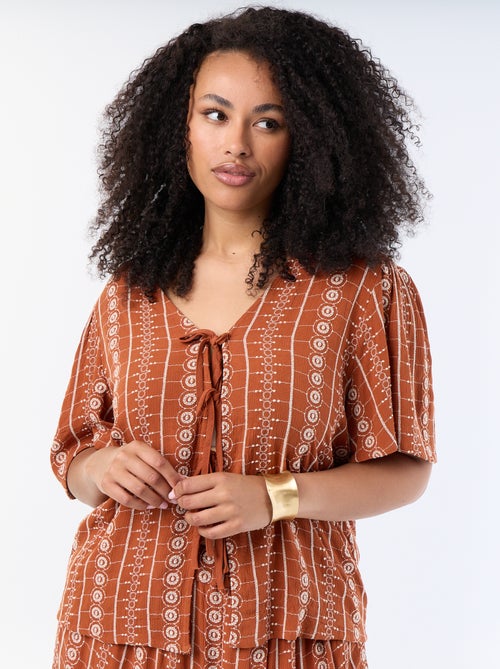 Blouse met strikjes en borduursels met korte mouwen - Kiabi