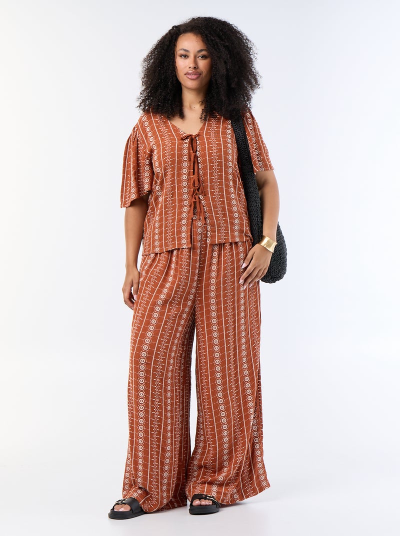 Blouse met strikjes en borduursels met korte mouwen Oranje - Kiabi