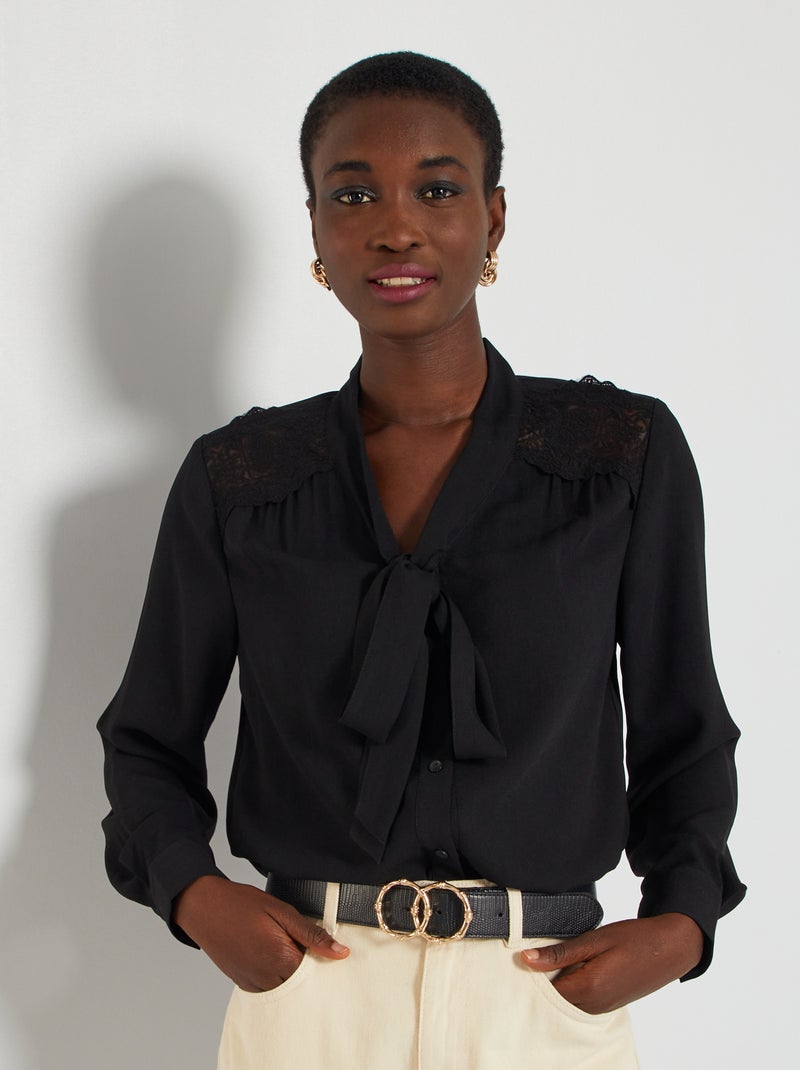 Blouse met strikkraag zwart - Kiabi