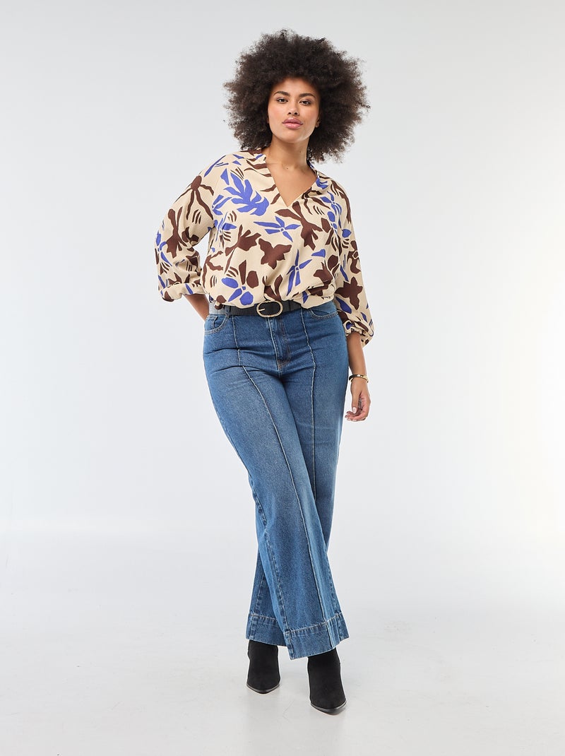 Blouse met V-hals en all-over motiefje Biege - Kiabi