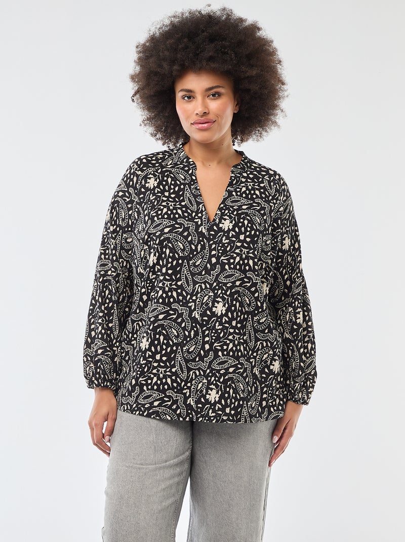 Blouse met V-hals en all-over motiefje Zwart - Kiabi
