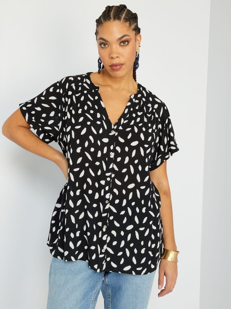 Blouse met V-hals en motieven ZWART - Kiabi