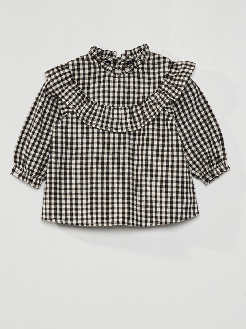 Blouse met Vichyruitje en volants WIT - Kiabi