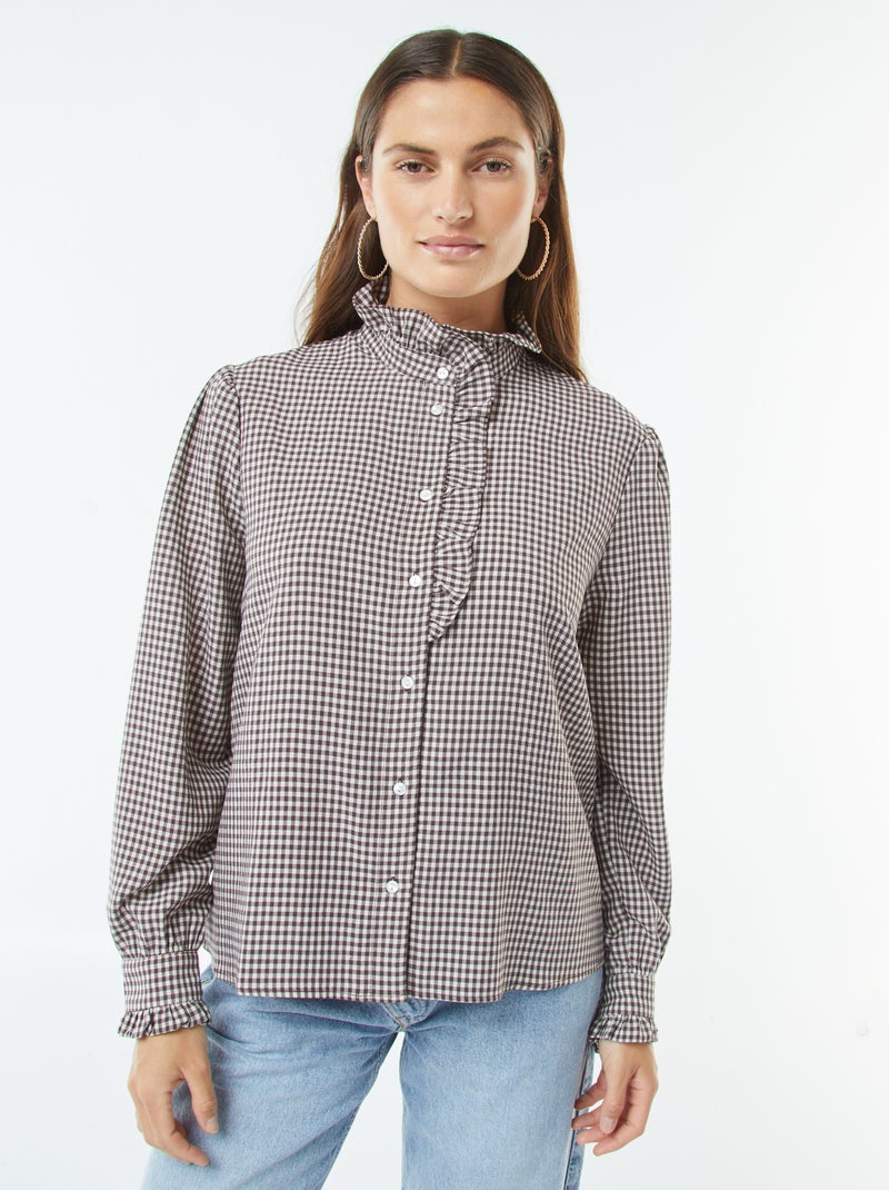 Blouse met vichyruitjes en ruches Bruin - Kiabi