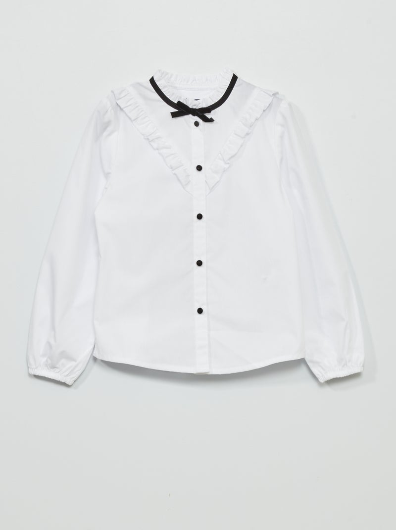 Blouse met volants en fluwelen strikje wit - Kiabi
