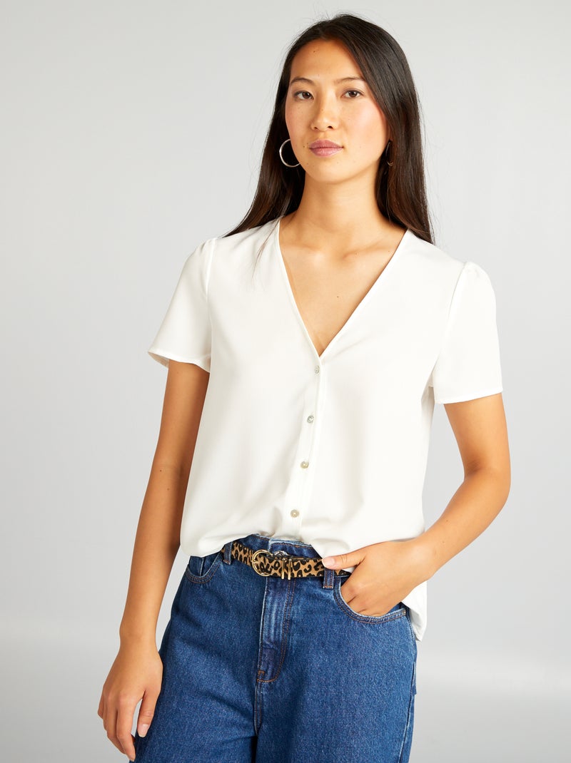 Blouse van crêpe met effen print WIT - Kiabi
