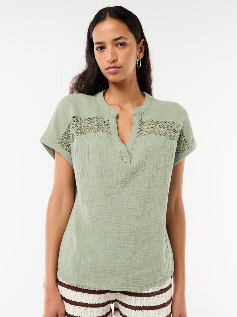 Blouse van dubbel katoengaas met borduursels Blauw - Kiabi