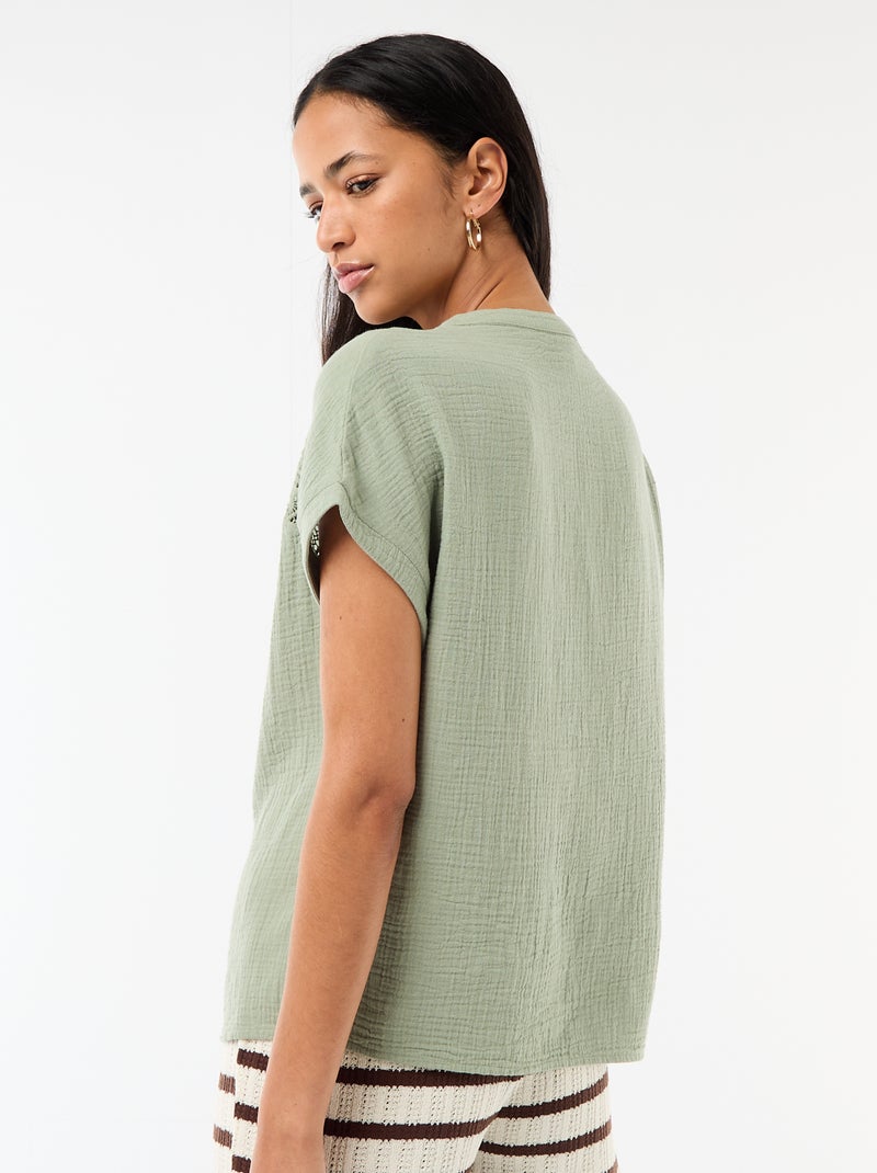 Blouse van dubbel katoengaas met borduursels Blauw - Kiabi