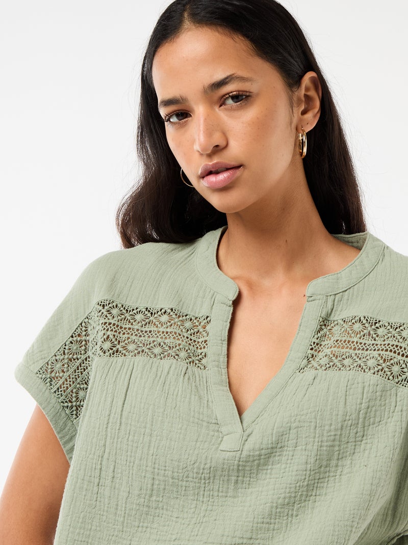 Blouse van dubbel katoengaas met borduursels Blauw - Kiabi