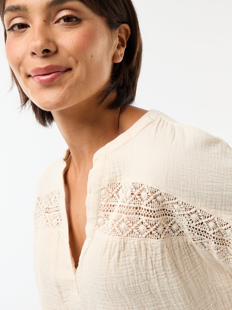 Blouse van dubbel katoengaas met borduursels Wit - Kiabi