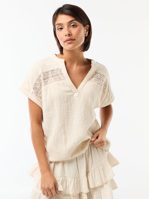 Blouse van dubbel katoengaas met borduursels - Kiabi