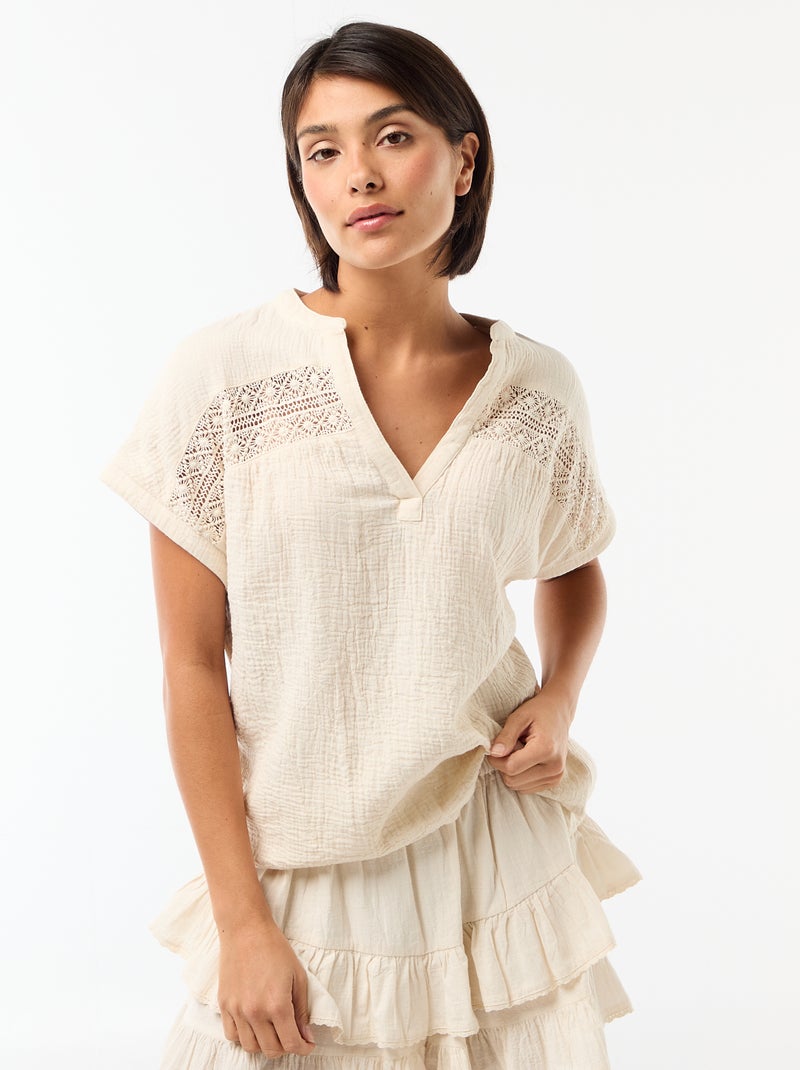 Blouse van dubbel katoengaas met borduursels Wit - Kiabi