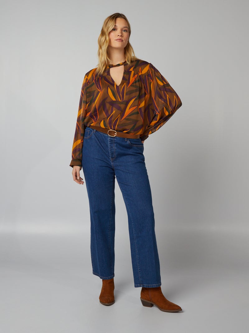 Blouse van gekreukte stof met print BRUIN - Kiabi
