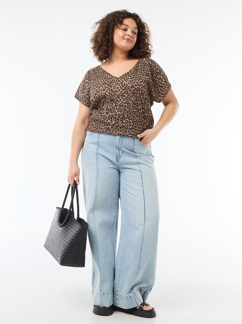 Blouse van gewafelde stof met korte mouwen Biege - Kiabi