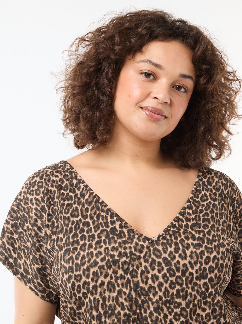 Blouse van gewafelde stof met korte mouwen Biege - Kiabi
