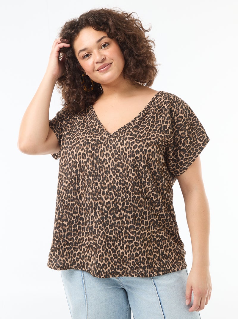 Blouse van gewafelde stof met korte mouwen Biege - Kiabi