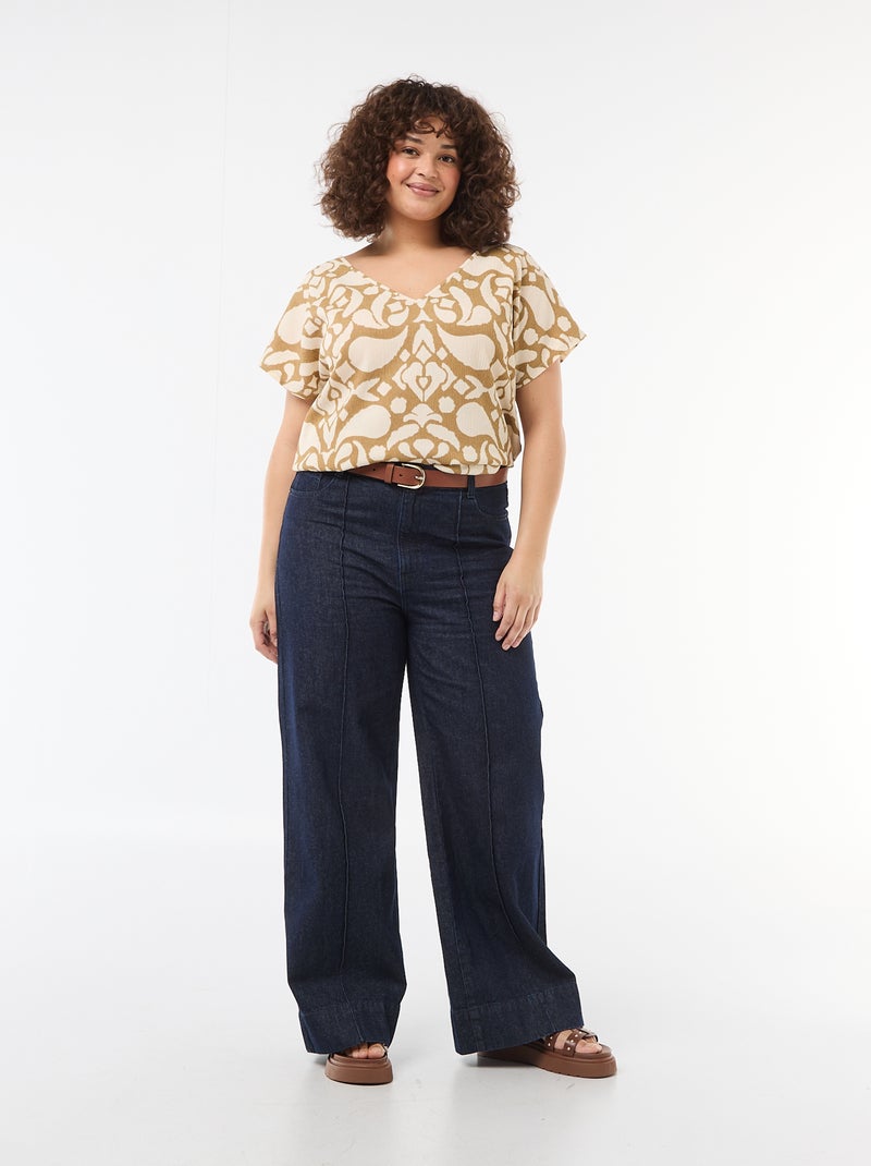Blouse van gewafelde stof met korte mouwen Bruin - Kiabi