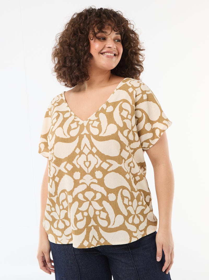 Blouse van gewafelde stof met korte mouwen Bruin - Kiabi