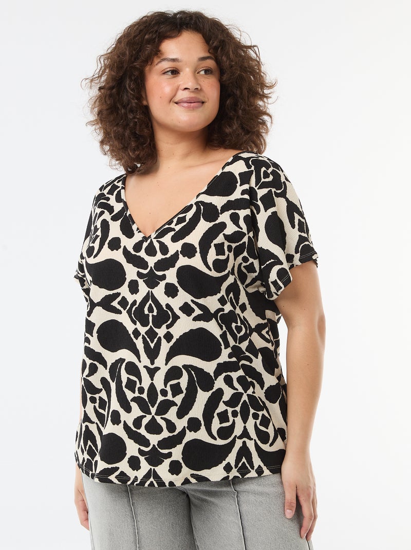 Blouse van gewafelde stof met korte mouwen Zwart - Kiabi