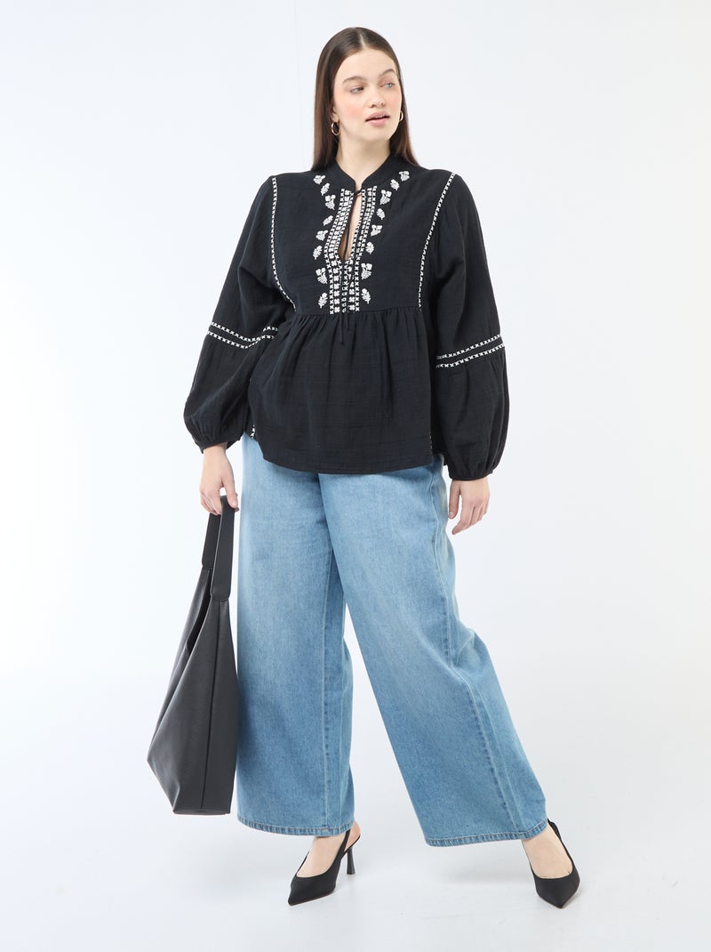 Blouse van katoengaas met fantasie borduursels en koordjes aan de hals Zwart - Kiabi