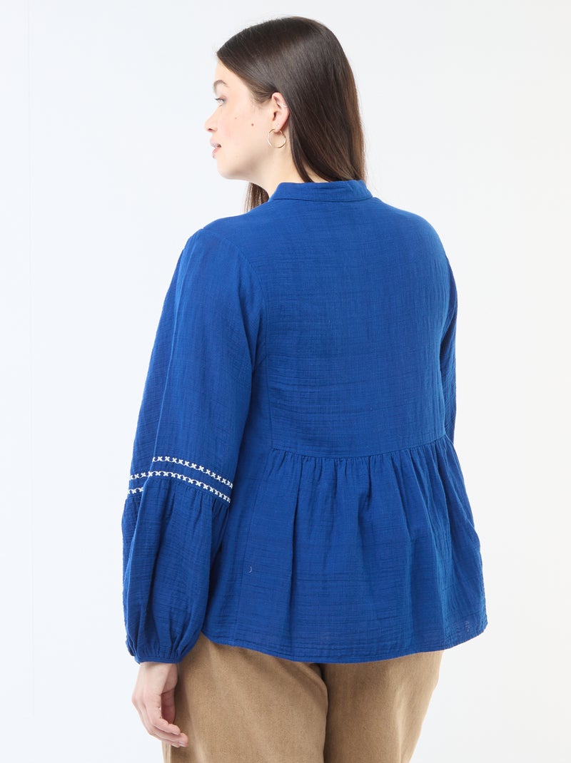Blouse van katoengaas met fantasie borduursels en koordjes in de hals Blauw - Kiabi