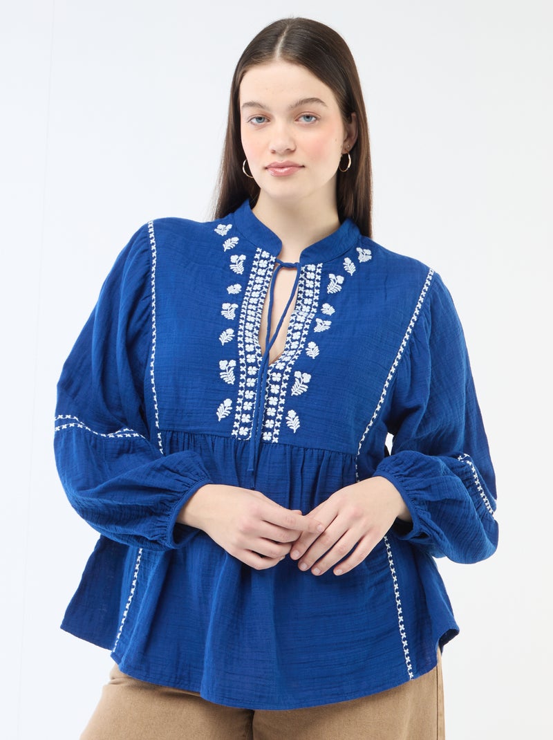 Blouse van katoengaas met fantasie borduursels en koordjes in de hals Blauw - Kiabi