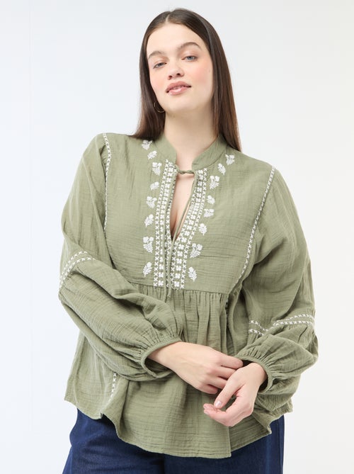 Blouse van katoengaas met fantasieborduurwerk en koordjes aan de hals - Kiabi