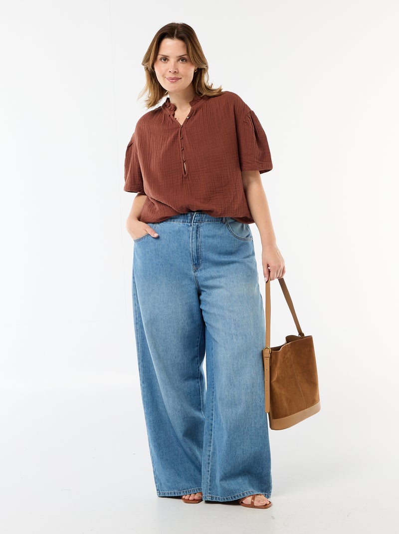 Blouse van katoengaas met gefronste kraag Bruin - Kiabi