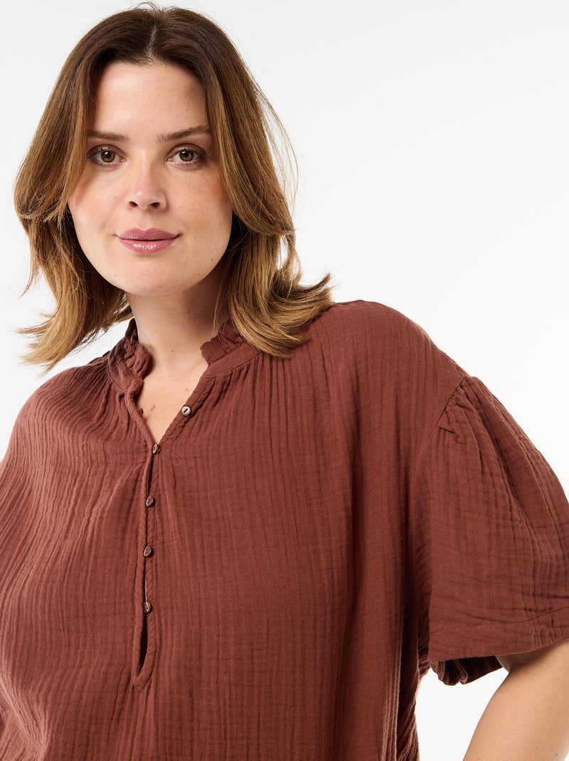 Blouse van katoengaas met gefronste kraag Bruin - Kiabi