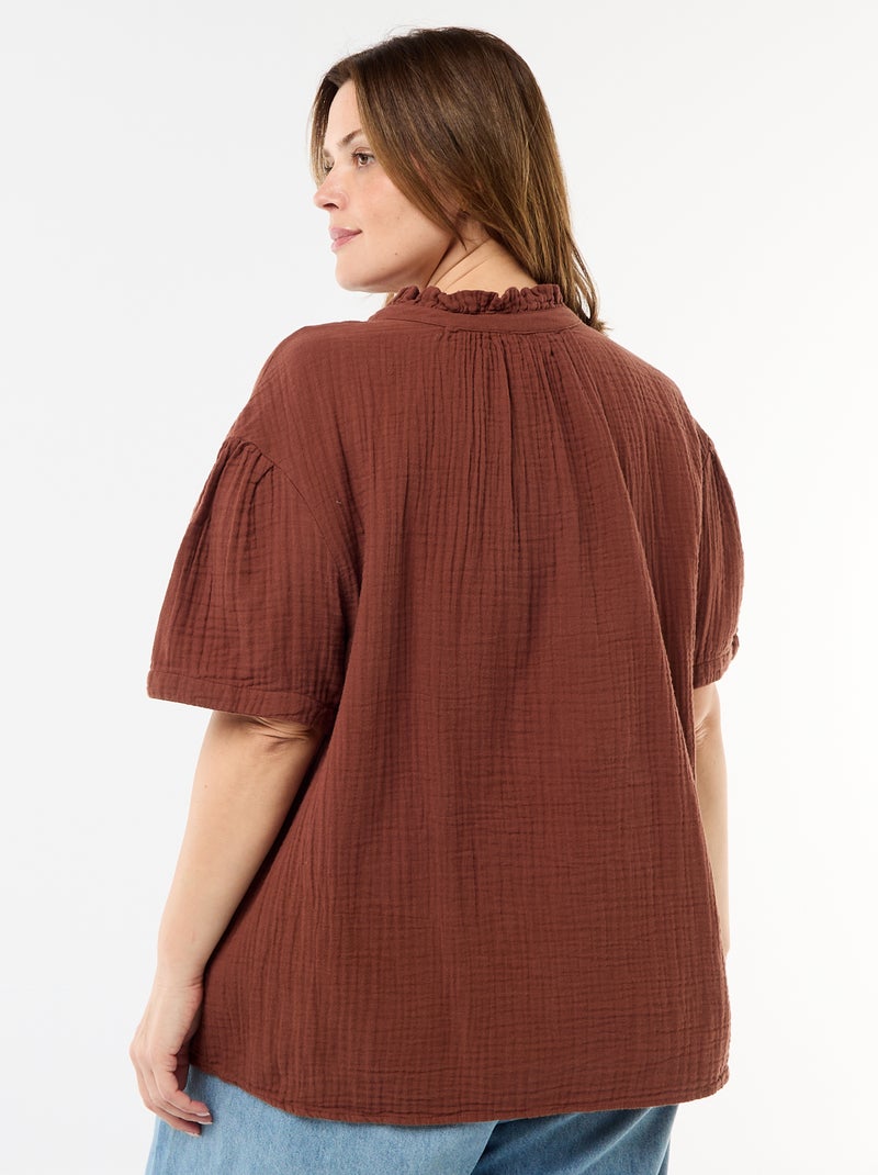 Blouse van katoengaas met gefronste kraag Bruin - Kiabi