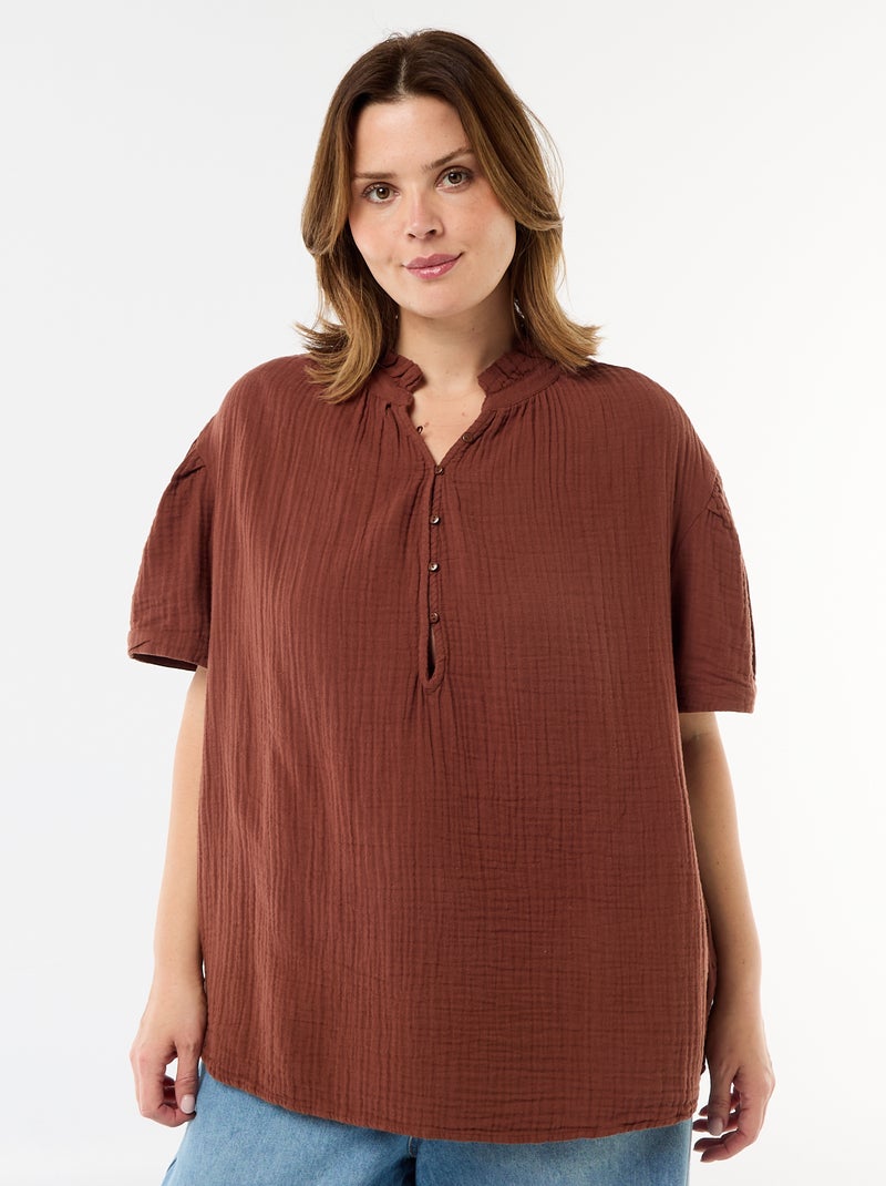 Blouse van katoengaas met gefronste kraag Bruin - Kiabi