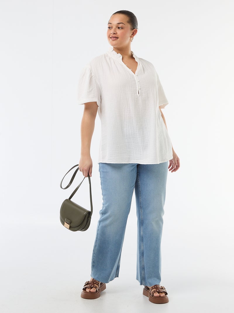 Blouse van katoengaas met gefronste kraag Wit - Kiabi