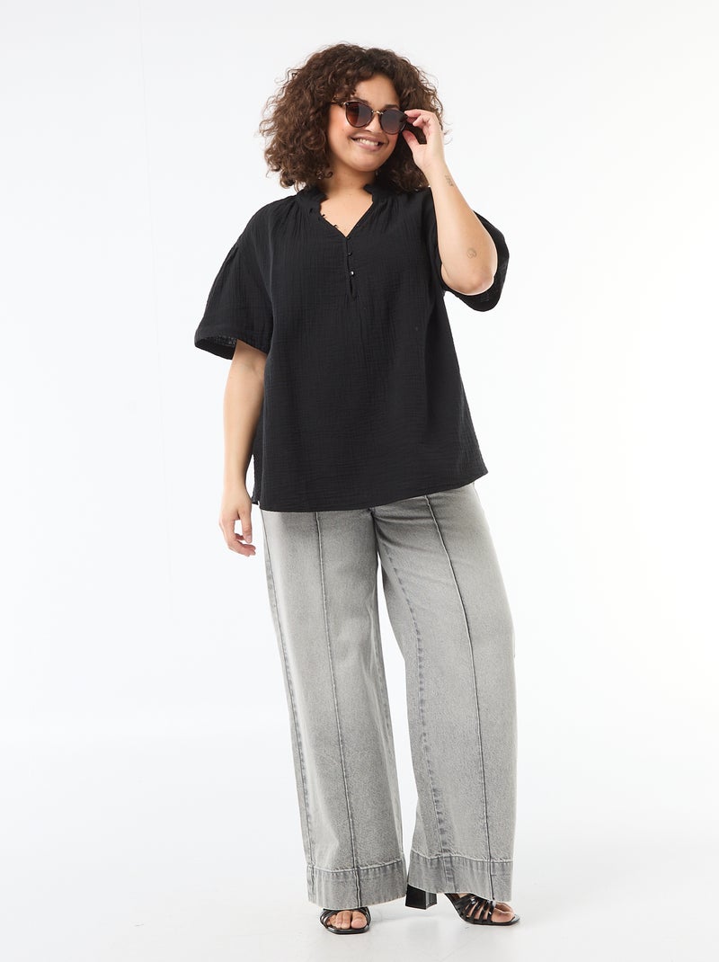 Blouse van katoengaas met gefronste kraag Zwart - Kiabi