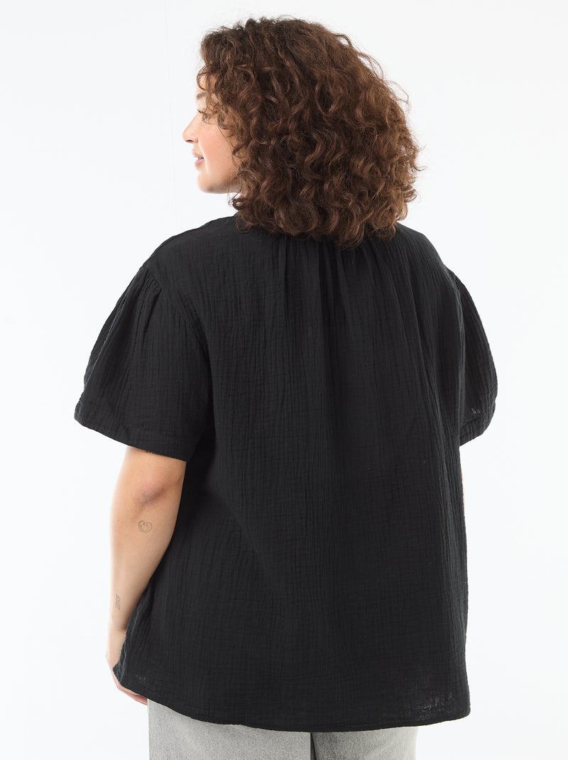 Blouse van katoengaas met gefronste kraag Zwart - Kiabi